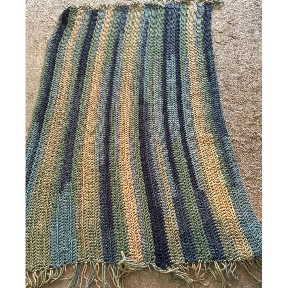 Hand Crotched Vintage Throw  41x26" Striped Green Blue & Yellow